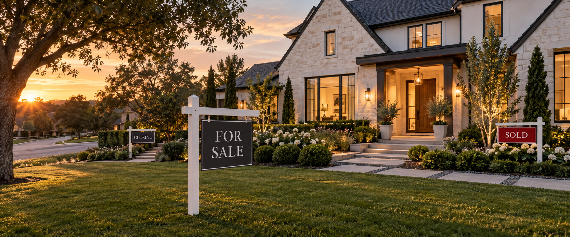 Beautiful home with for sale, closing, and sold signs